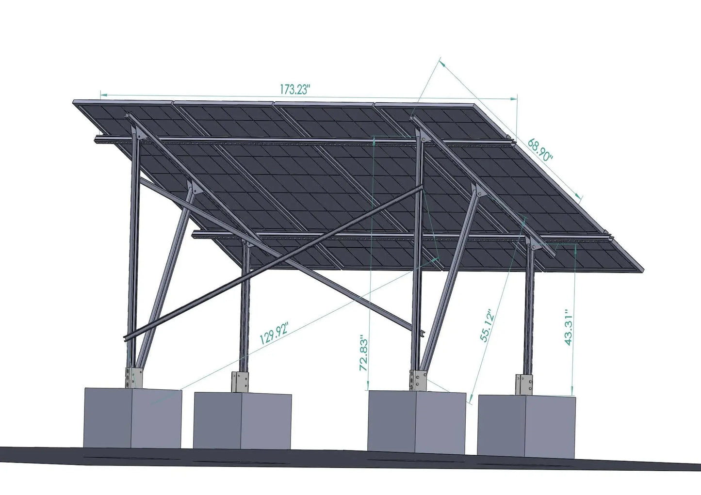 Elios Terra G4 – Système de montage au sol pour 4 panneaux 60/72 cellules (acier galvanisé + rails aluminium, 35°, garantie 5 ans) Elios